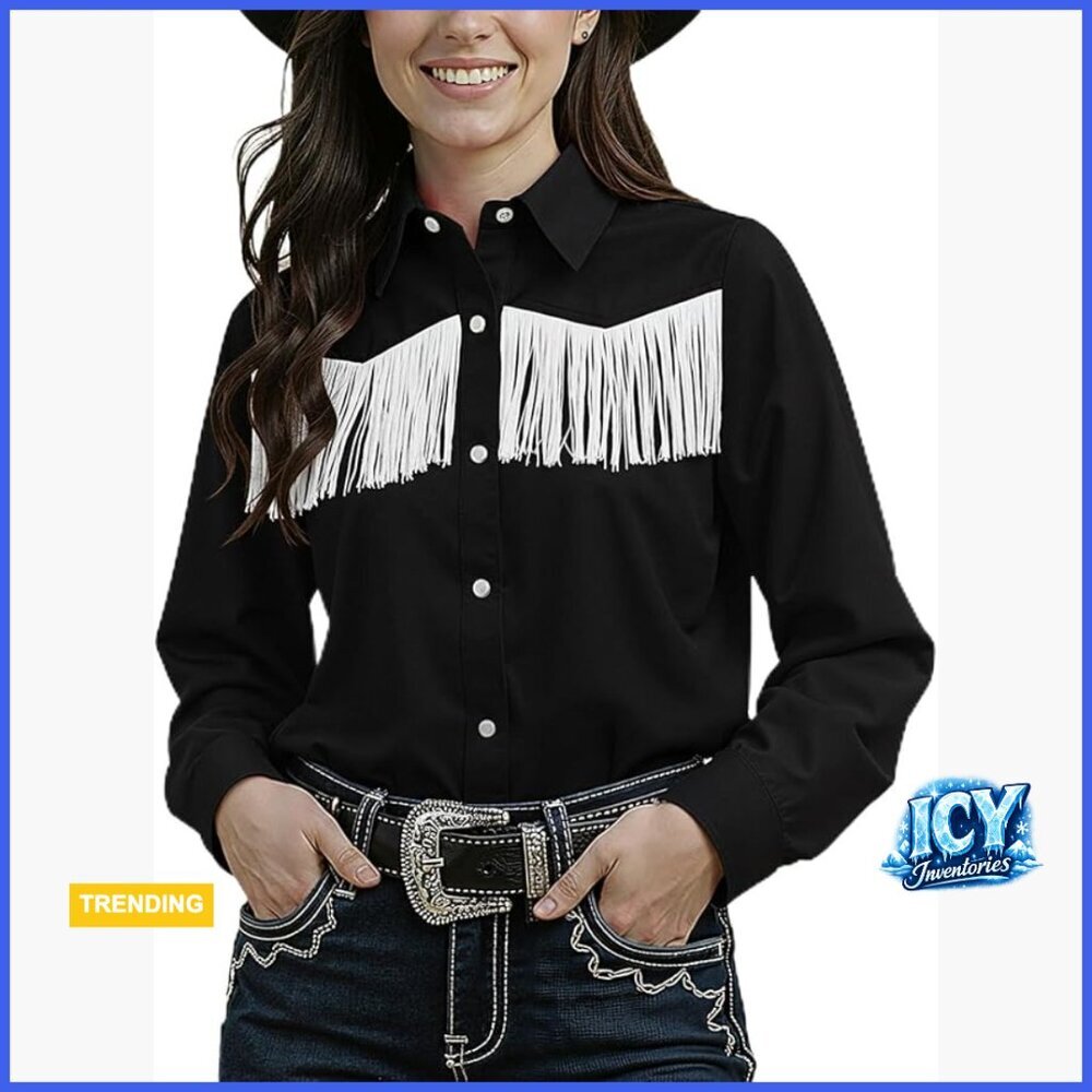 Cotton Fringe Pearl Snap Western Shirt Long Sleeve Button Down